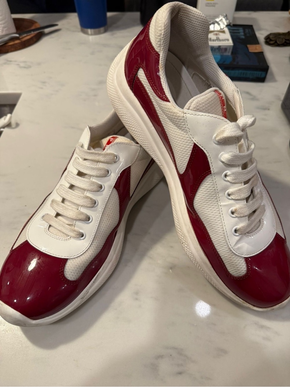 Prada White and Burgundy Low-Top Sneakers